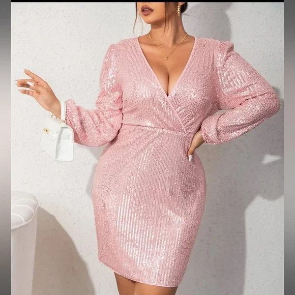 SHEIN | Dresses | Shein Unity Plus Surplice Neck Lantern Sleeve Sequin Bodycon  Dress Size 3x | Poshmark